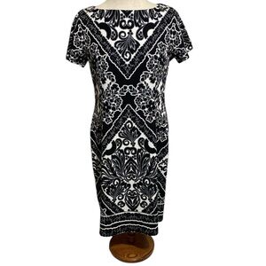 Maggy London Black White Floral Cap Sleeve Sheath Stretch Dress Women’s size 10